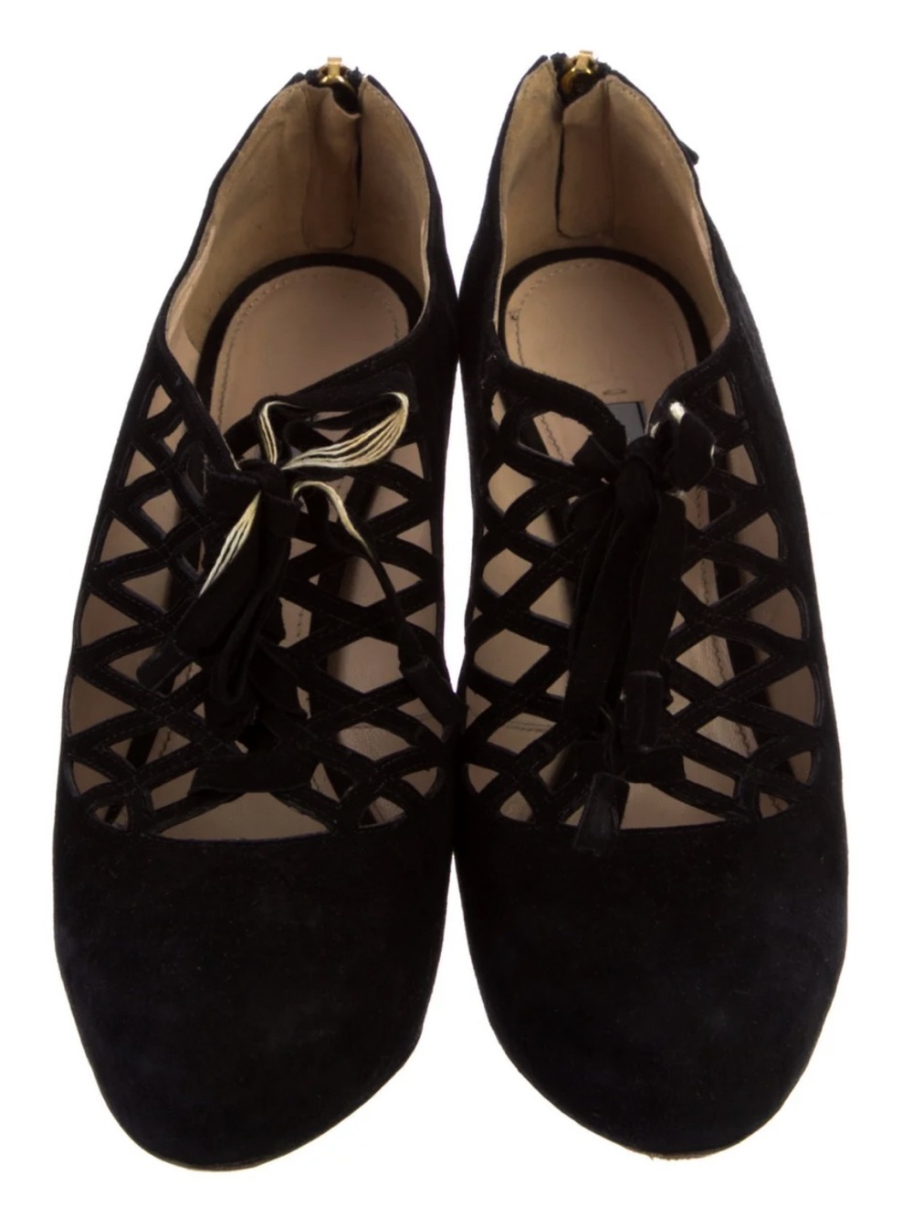 Prada Black Suede Caged Lace-Up Spool Heel Pumps 37 - Picture 2 of 4